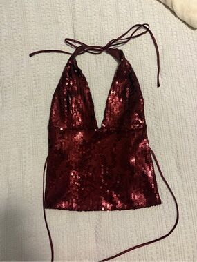 Garage Burgundy Sequin Halter Top